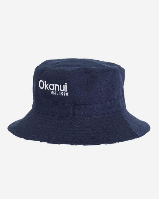 The front view of the Okanui reversible bucket hat for kids, crafted from 100% premium cotton with classic okanui hibiscus print