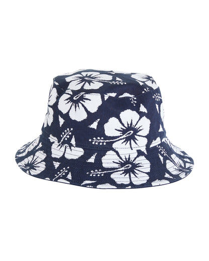 The front view of the Okanui reversible bucket hat for kids, crafted from 100% premium cotton with classic okanui hibiscus print in White