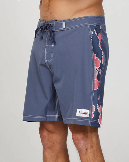 Left side view of the Okanui Mens Way-Back-When boardrider board short in Iron Pink