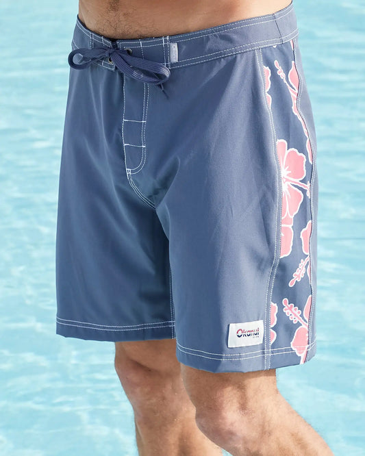 Front-side view of the Okanui Mens Way-Back-When boardrider board short in Iron Pink