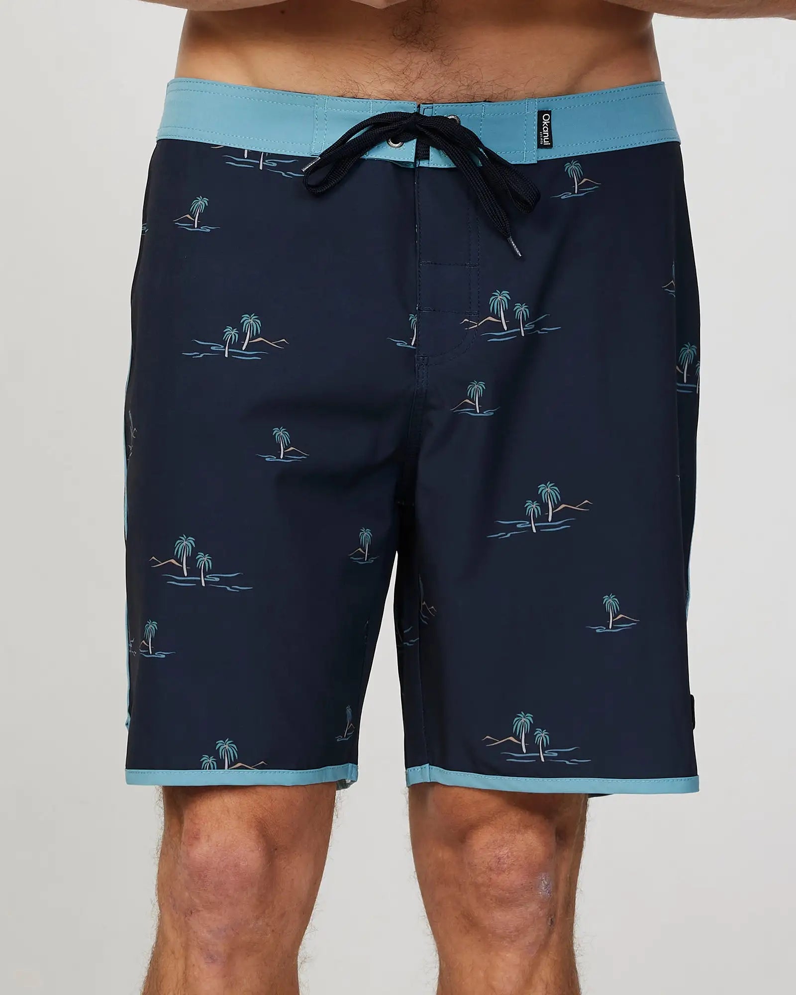 Front view of the Okanui Mens Isle Retro boardrider board short in Black