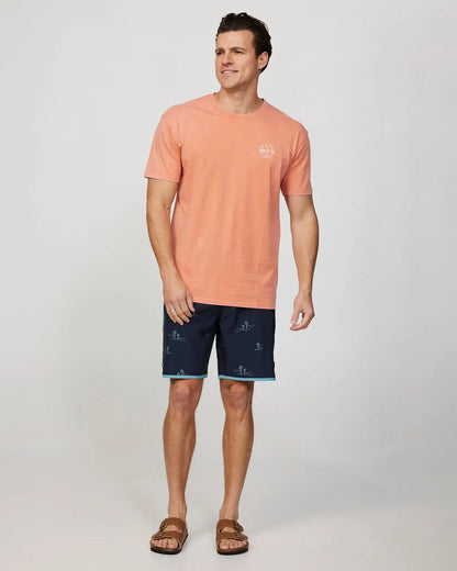 Full body front view of a male model wearing the Okanui Mens Isle Retro boardrider board short in Black