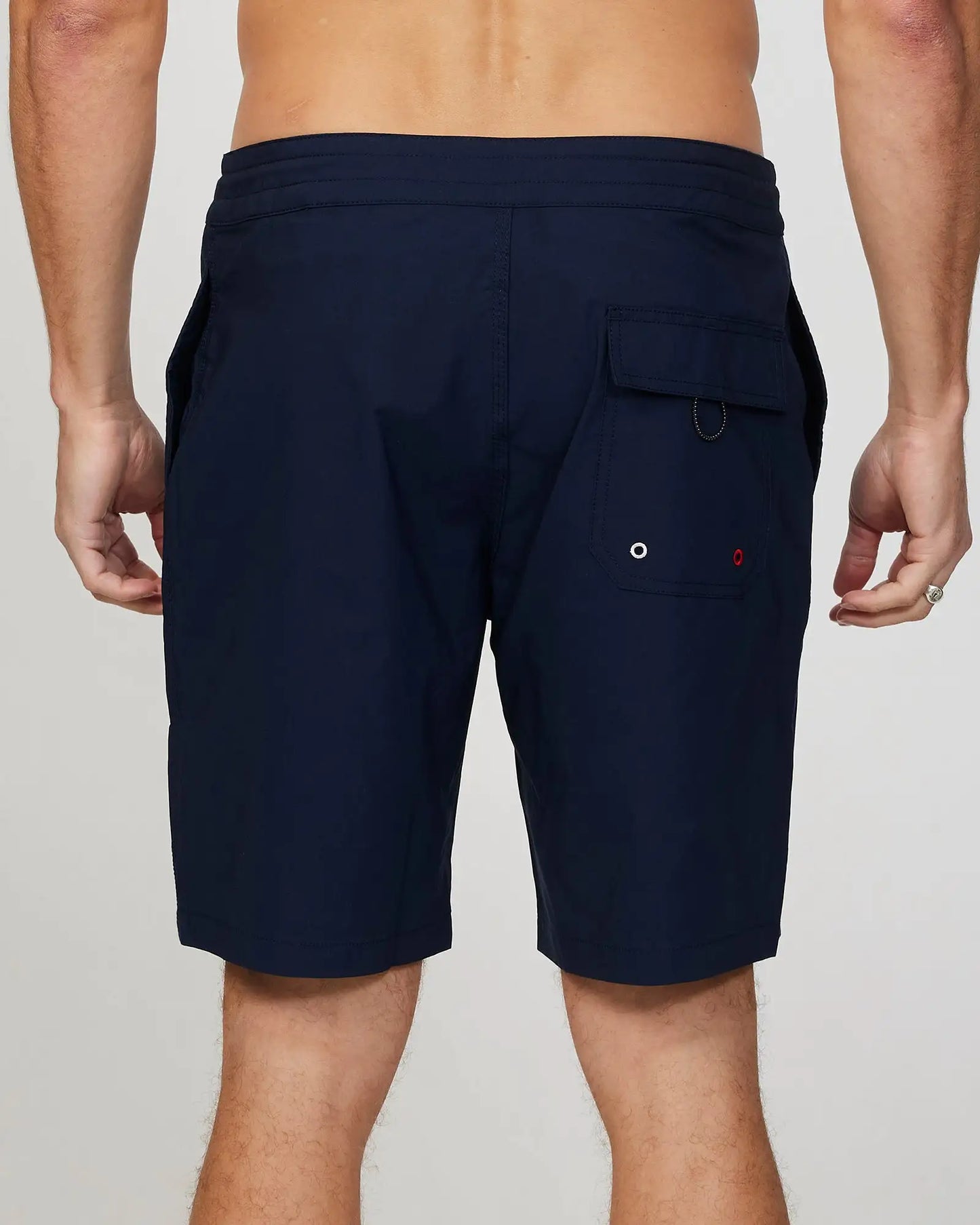 Back view of the Okanui Mens Rinsed boardrider board short n Navy