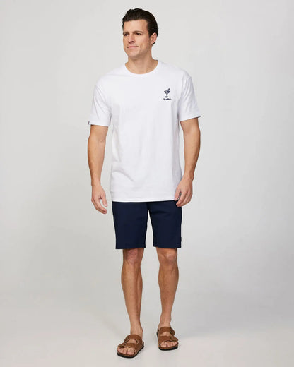 Full body front view of a male model wearing the Okanui Mens Rinsed boardrider board short n Navy