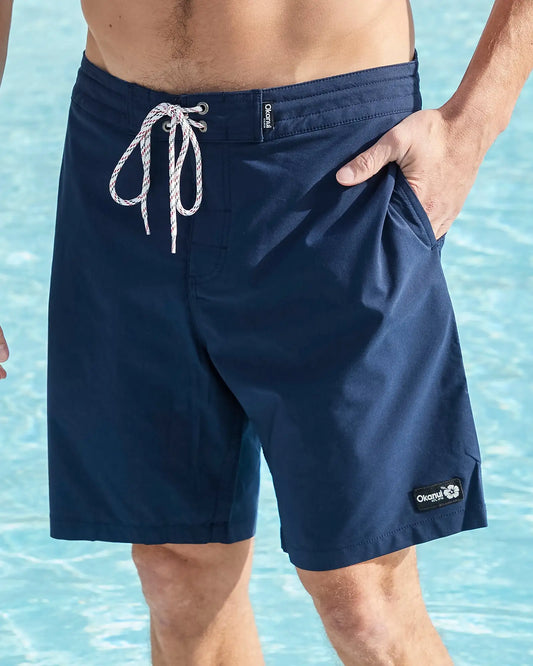 Front view of the Okanui Mens Rinsed boardrider board short n Navy