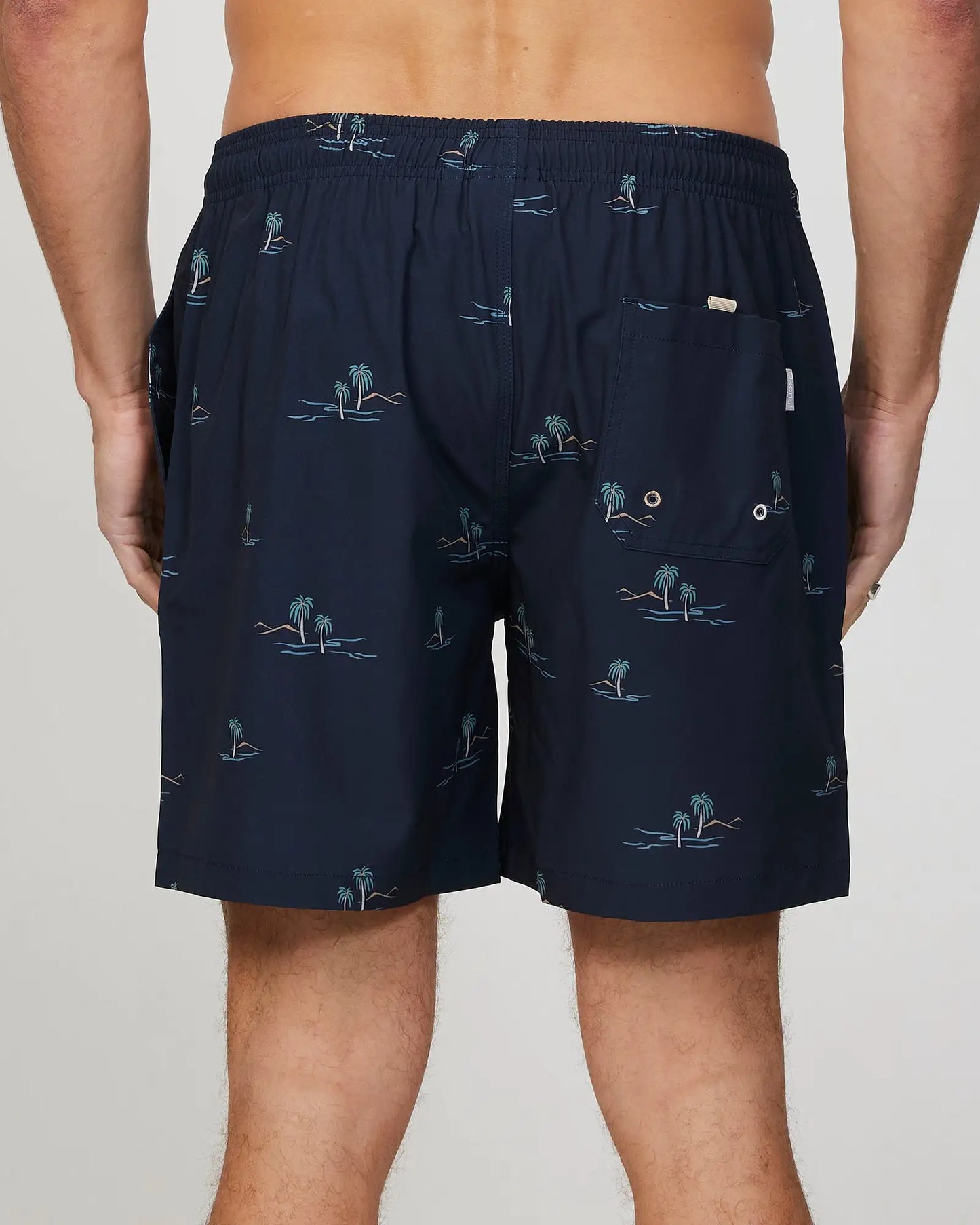 Back view of the Okanui Isle Stretch Swim Short in Black