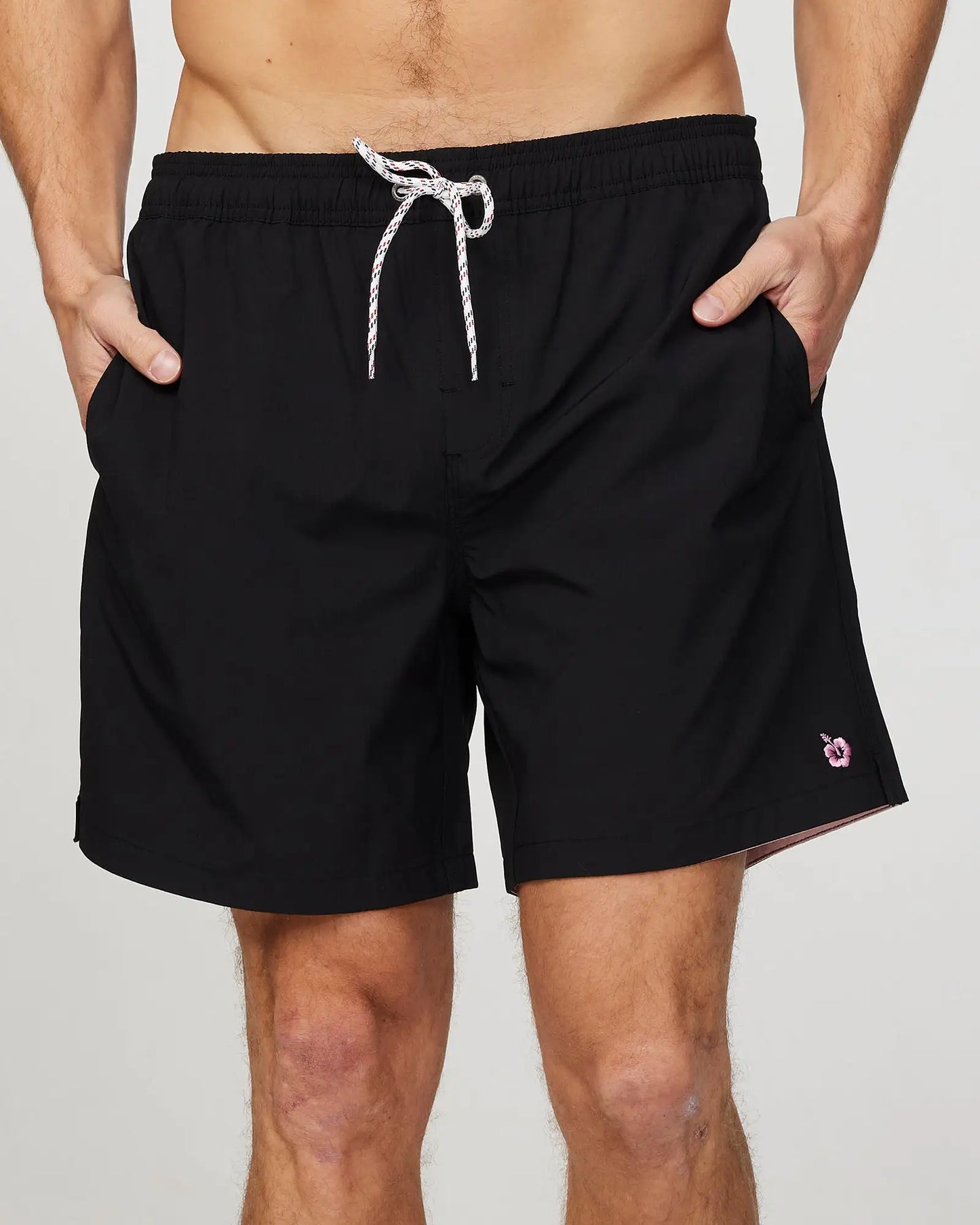 Front view of the Okanui Mens Onboard stretch swim short in Black