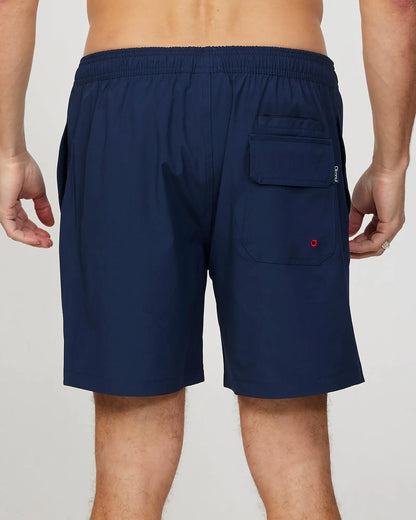 Back view of the Okanui Mens Onboard stretch swim short in Navy