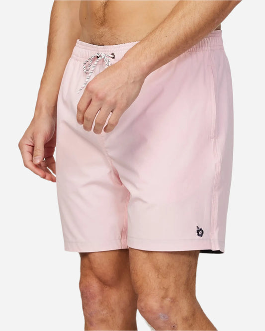 Left side view of the Okanui Mens Onboard stretch swim short in Pink