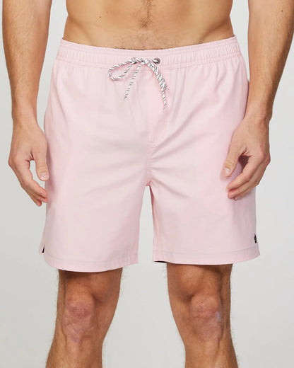 Closeup front view of the Okanui Mens Onboard stretch swim short in Pink