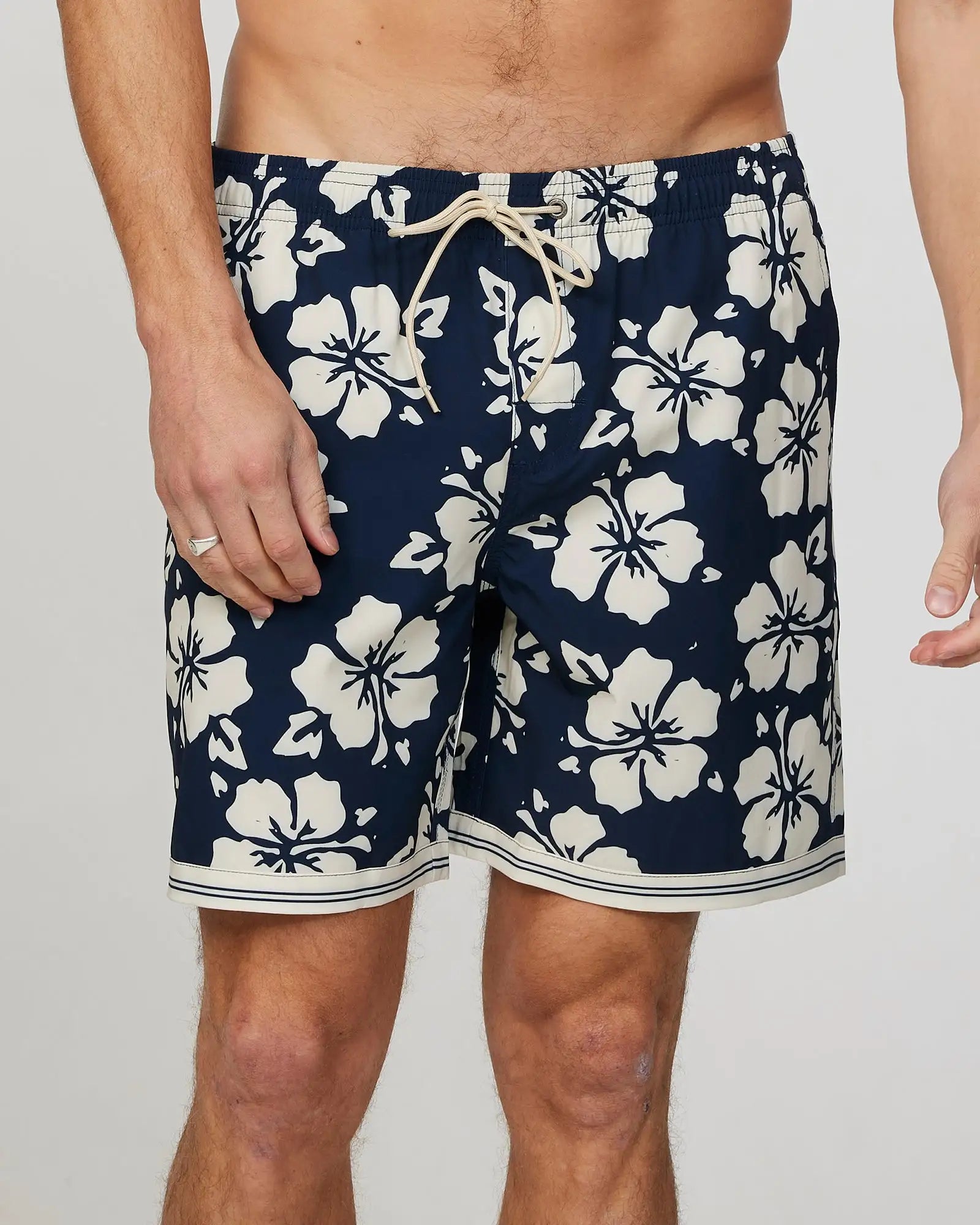 Front view of the Okanui Mens Stonecutter stretch swim short in Navy Natural