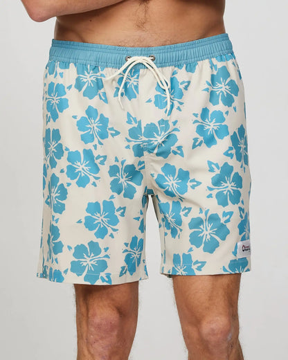 Front view of the Okanui Mens Waterworld stretch swim short in Stone Aqua