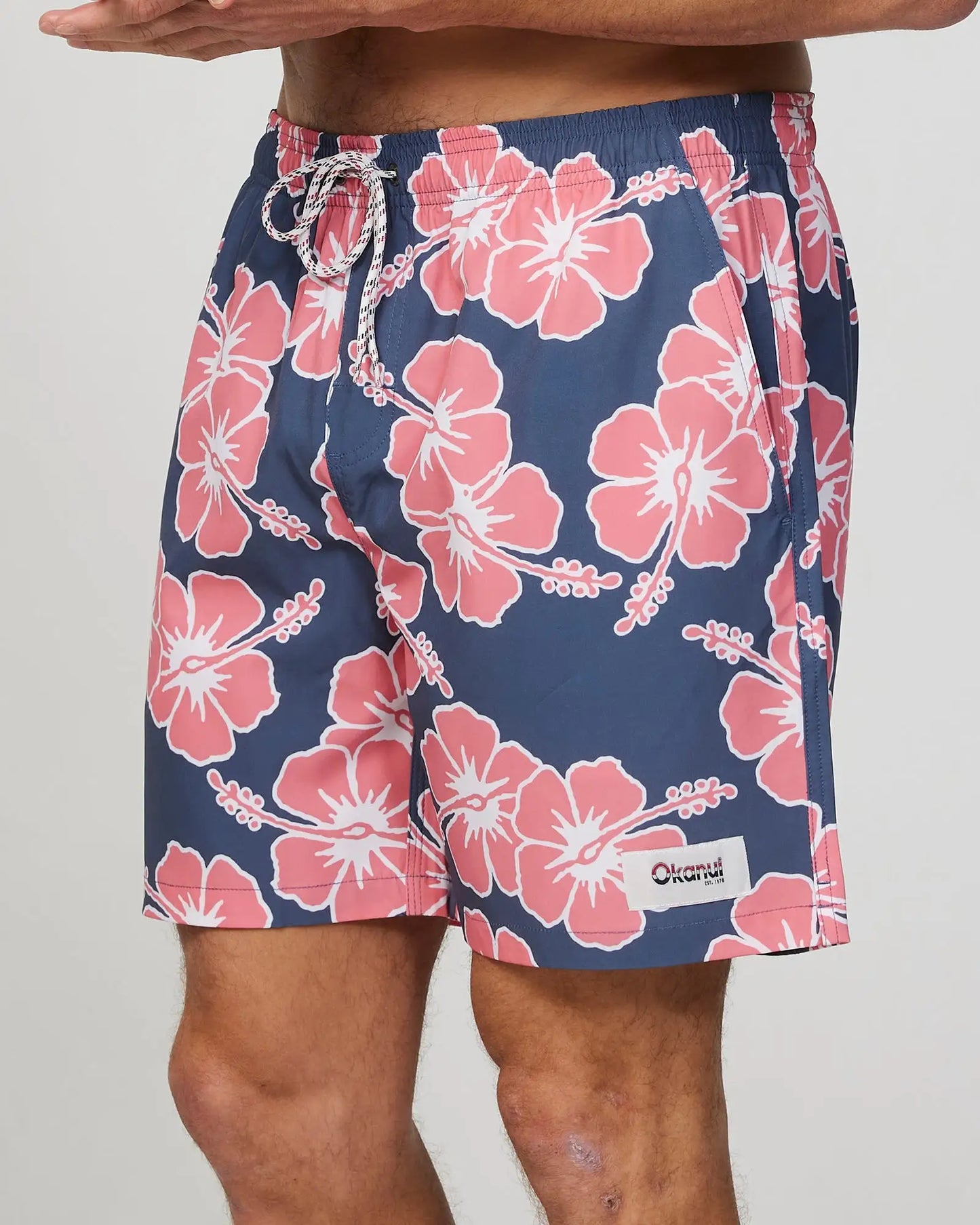 Left side view of the Okanui Mens Stretch Swim Short in Iron Pink