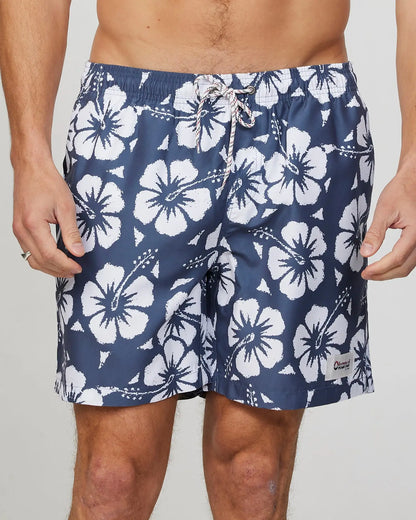 Front view of the Okanui mens classic swim short in hibiscus iron