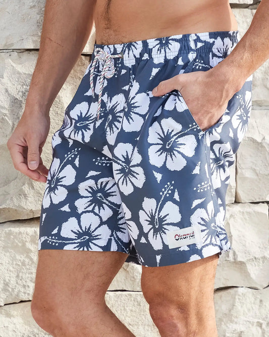 Front view of the Okanui mens classic swim short in hibiscus iron