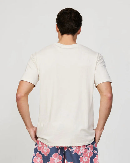 Closeup back view of a male model wearing the Okanui Mens Staple Tee T-shirt in Stone