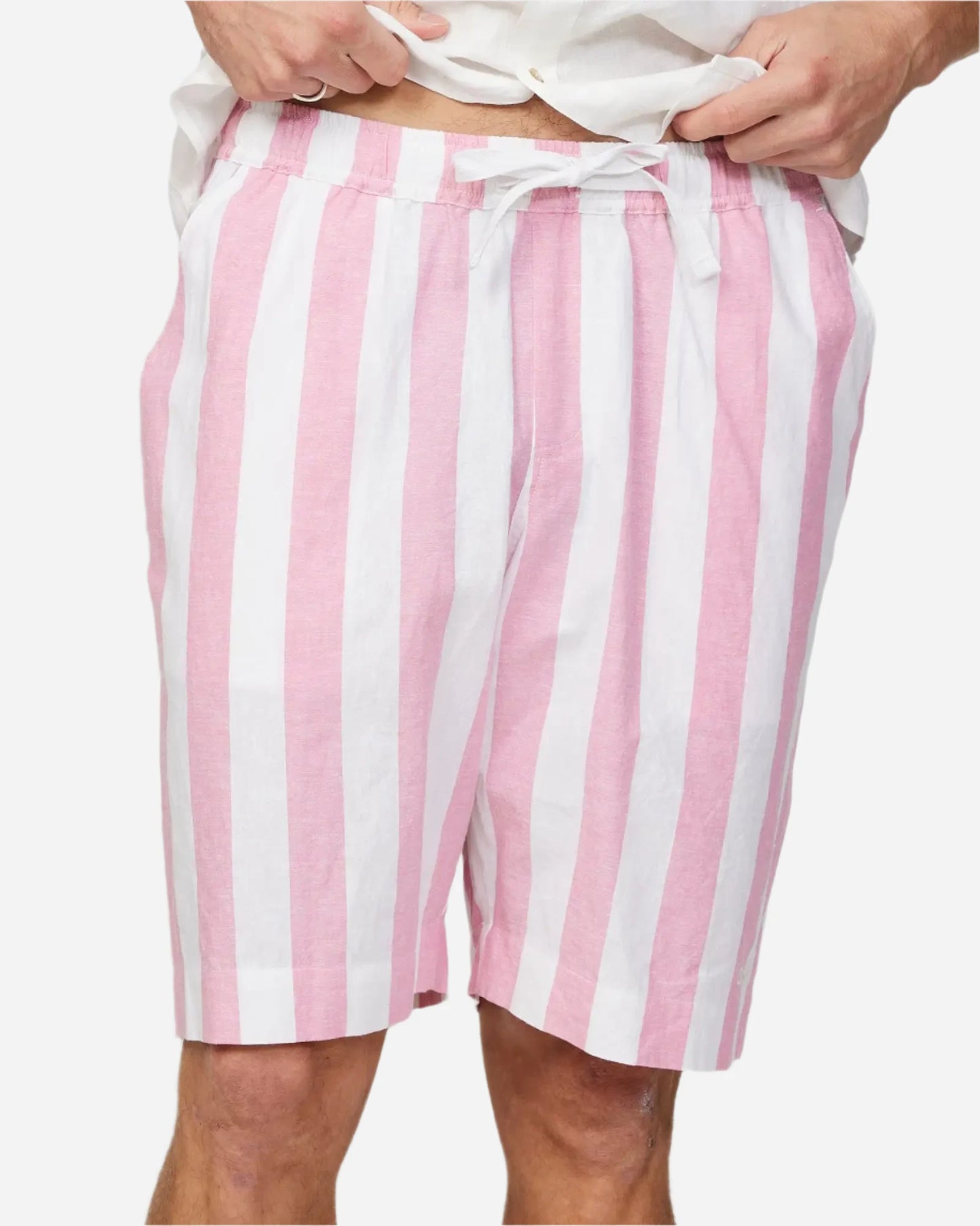 Front view of the Okanui Mens Classic Stripe Walk short in Pink