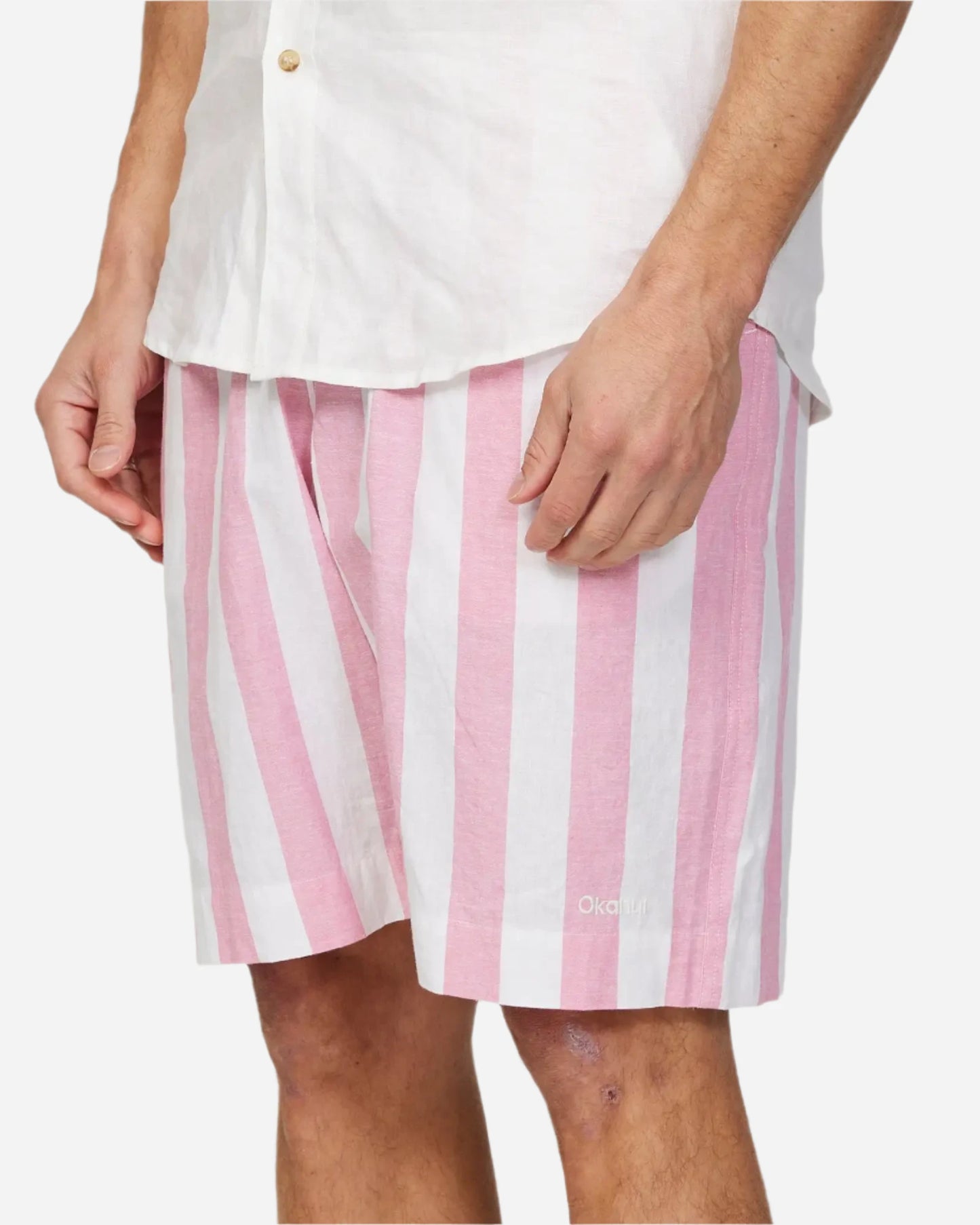 Left side view of the Okanui Mens Classic Stripe Walk short in Pink