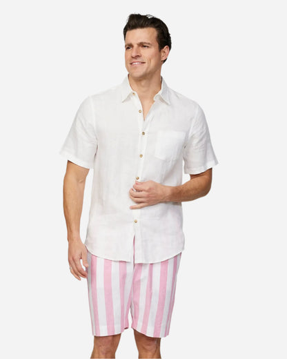 Front view of a male model wearing the Okanui Mens Classic Stripe Walk short in Pink paired with a white button up shirt