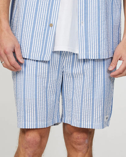 Front view of the Okanui Mens Starboard walk short in Blue Stripes