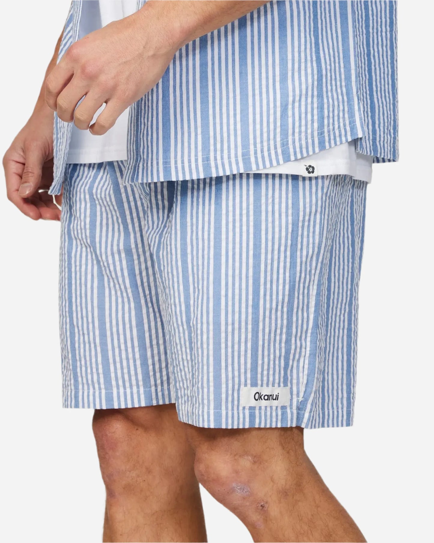 Left side view of the Okanui Mens Starboard walk short in Blue Stripes