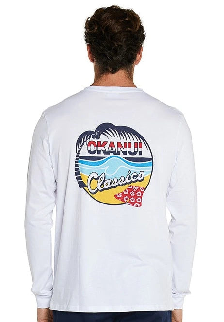 The back view of the Okanui Classic men's long sleeve t-shirt features a large print of cartoonish beach in a circular shape with the Okanui logo inside at the back of the shirt.