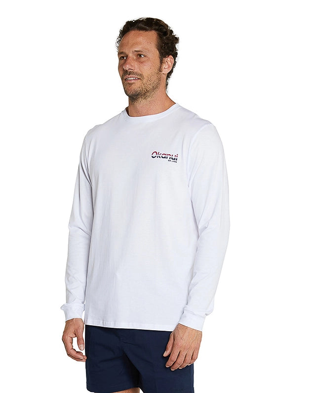 A slightly side view of a male model wearing the Okanui Classic long sleeve t-shirt.