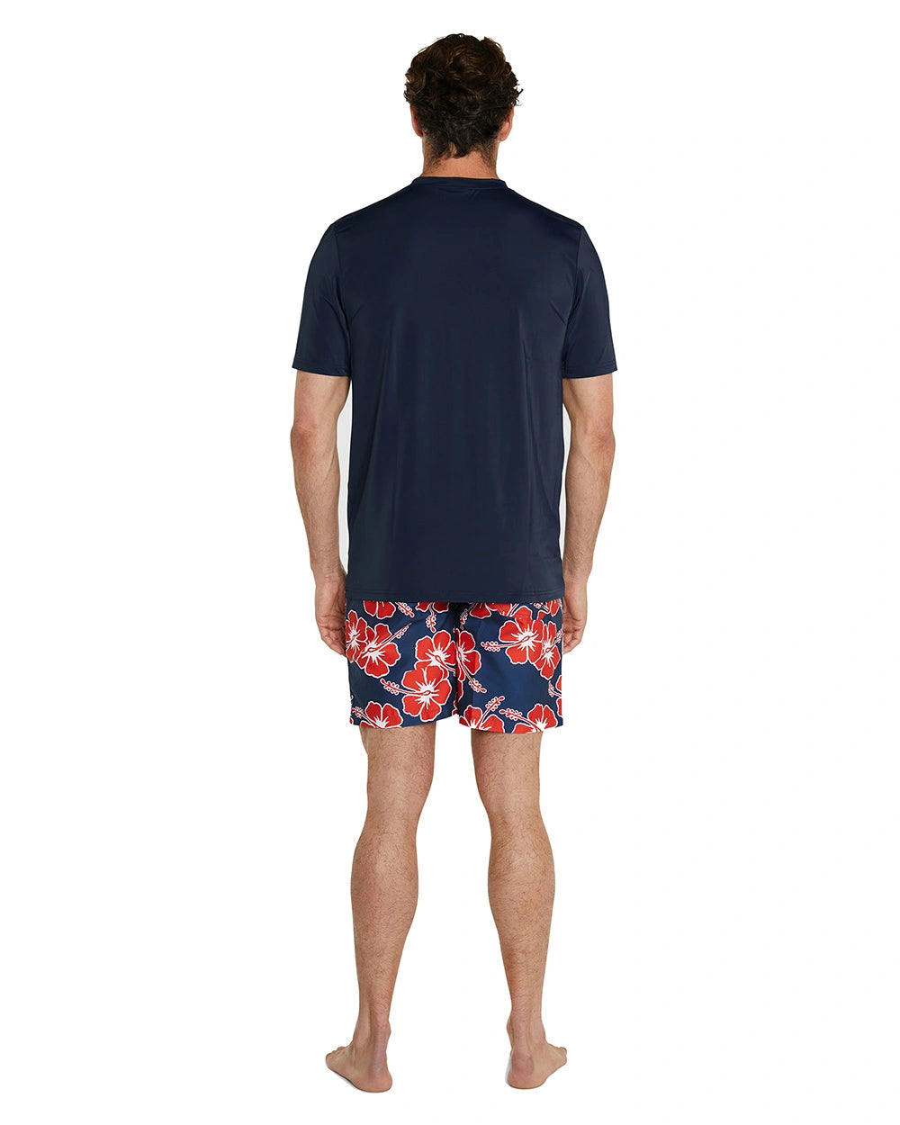 The Okanui Men's Classic Short Sleeve rashie in navy color showing the back details. 