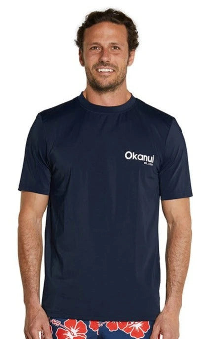 The Okanui Men's Classic Short Sleeve rashie in navy color.