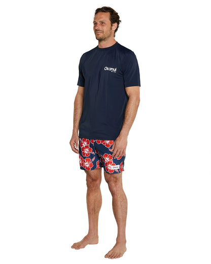 The Okanui Men's Classic Short Sleeve rashie in navy color showing the side details. 