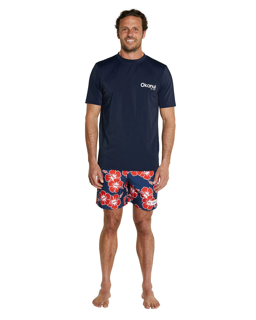 Full view details of Okanui Men's Classic Short Sleeve rashie in navy color.