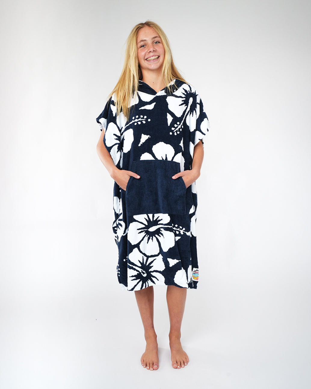 Youth Hooded Towel - Hibiscus Navy