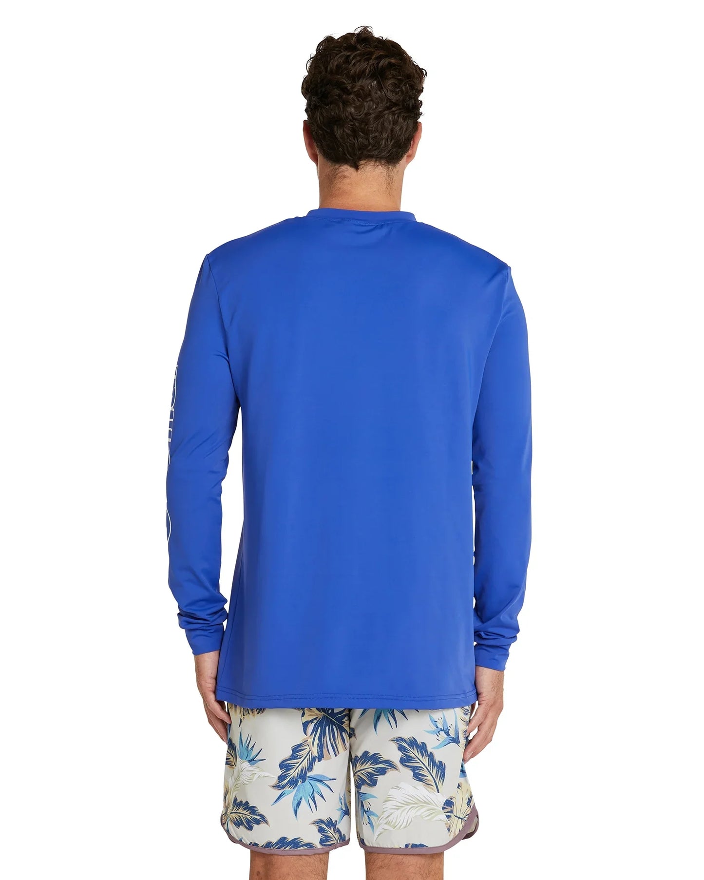 The Okanui Men's summer long sleeve rash shirt royal blue showing the back details.