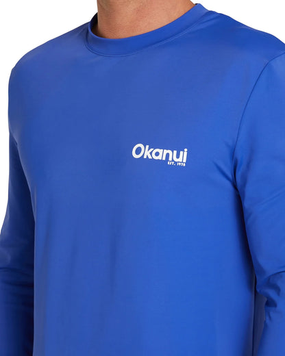 Closer details for Okanui Men's summer long sleeve rash shirt in royal blue.