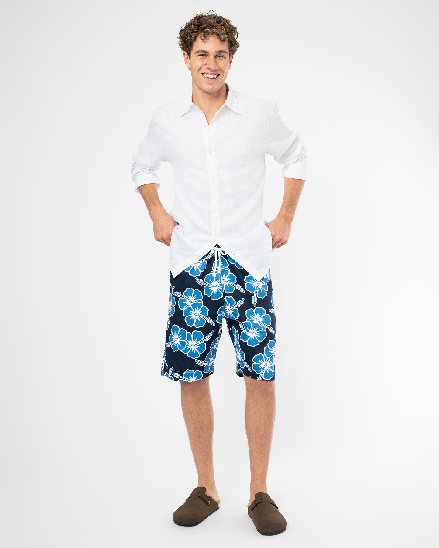 Mens Classic Shorts - Hibiscus Tri Colour-Navy Sea White
