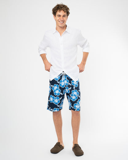 Mens Classic Shorts - Hibiscus Tri Colour-Navy Sea White