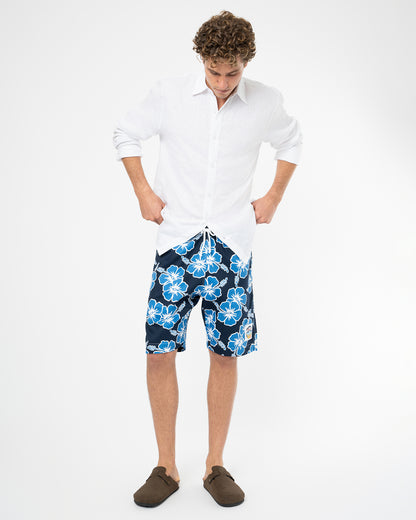 Mens Classic Shorts - Hibiscus Tri Colour-Navy Sea White