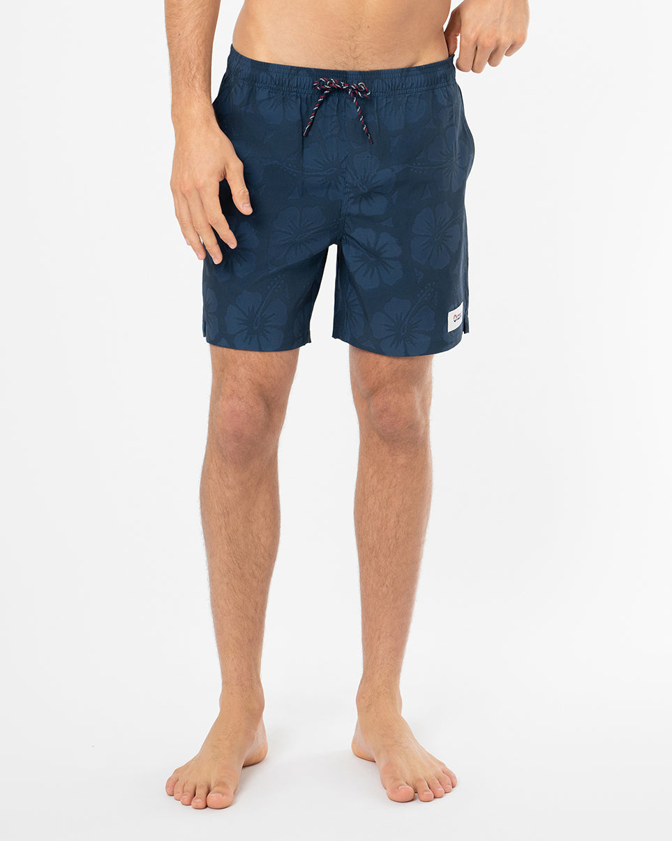 Mens Classic Stretch Swim Short - Hibiscus Tonal Navy