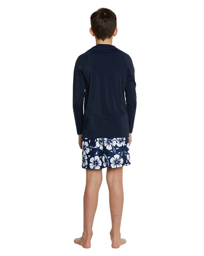 A long sleeve rashie in navy blue color showing the back part. 