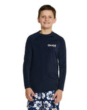 Navy blue long sleeve rushai for kids, paired with white and navy blue hibiscus flower shorts.