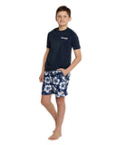 Front view details of Okanui Boy's spring short sleeve rashie in navy.