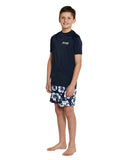 The Okanui Boy's spring short sleeve rashie in navy with white chest print.