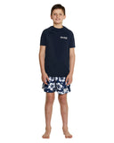 The Okanui Boy's spring short sleeve rashie in color navy showing the full body details.