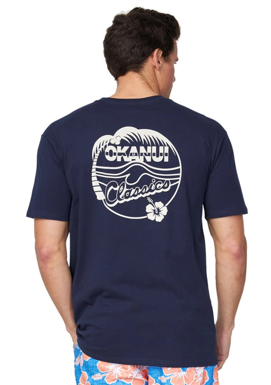 A back view of the Okanui Mens Classic Badge Tee in navy color showing the back print.