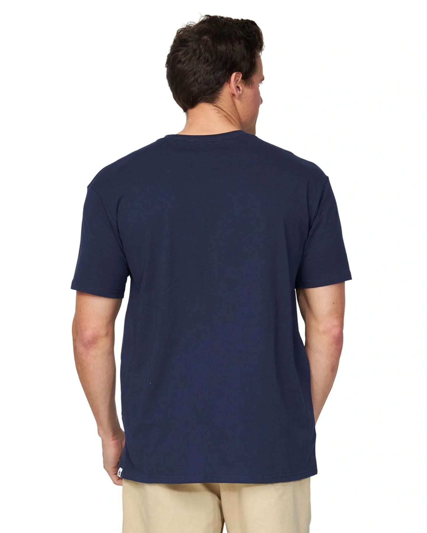 A back view of a male model wearing the Okanui Logo Tee in black.