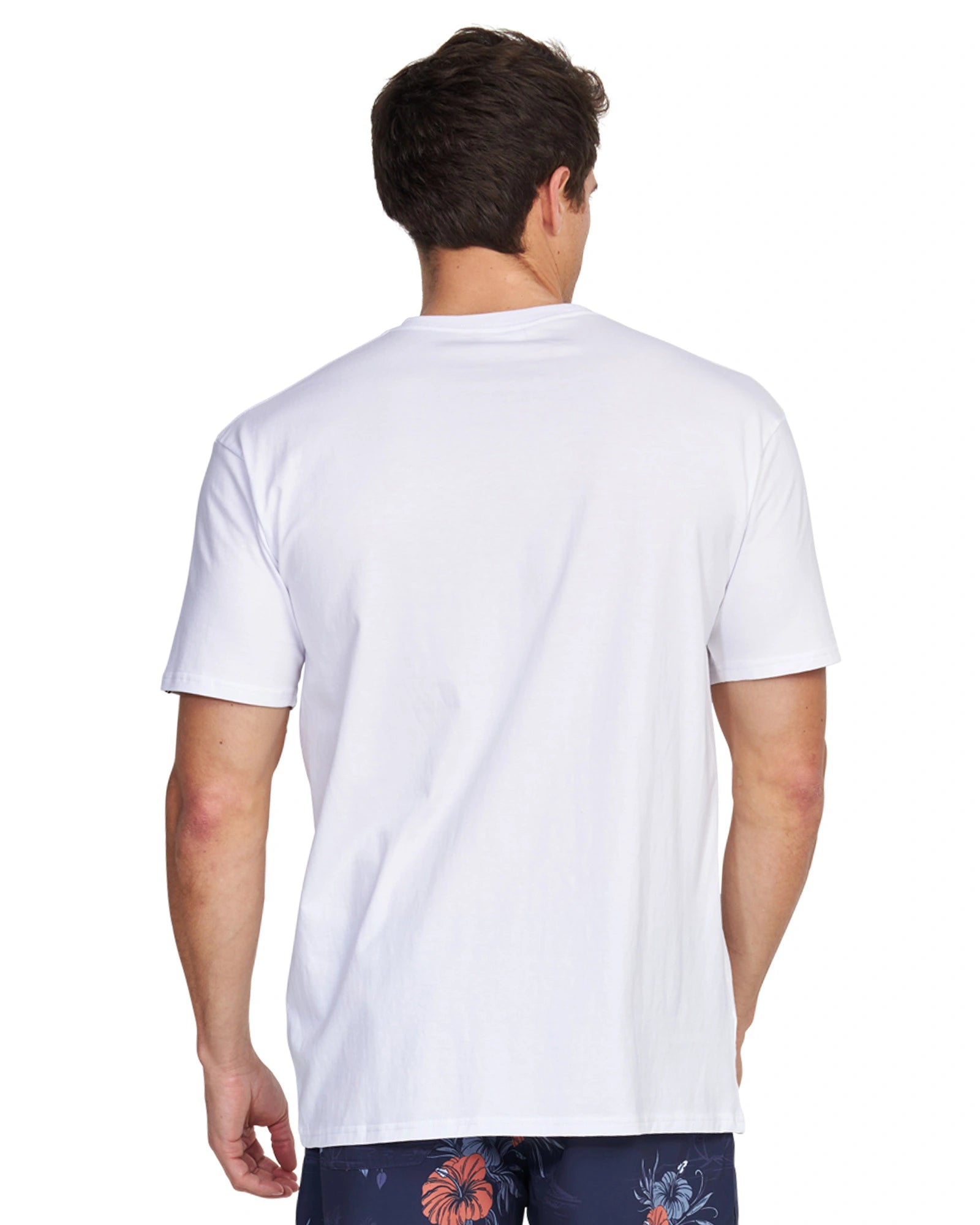 A back view of a male model wearing the Okanui Logo Tee in white.