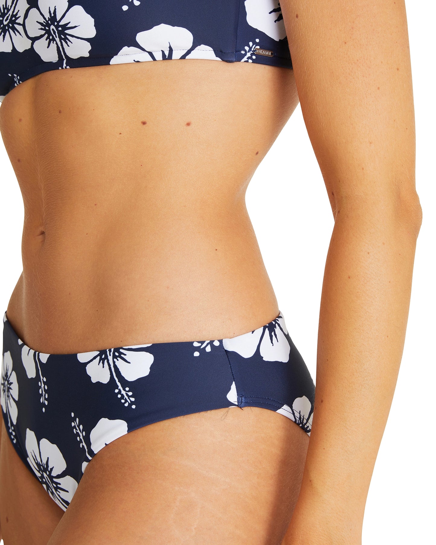 Close up view of the Okanui Womens Bandeau Bikini Top Swimsuit in Hibiscus Navy