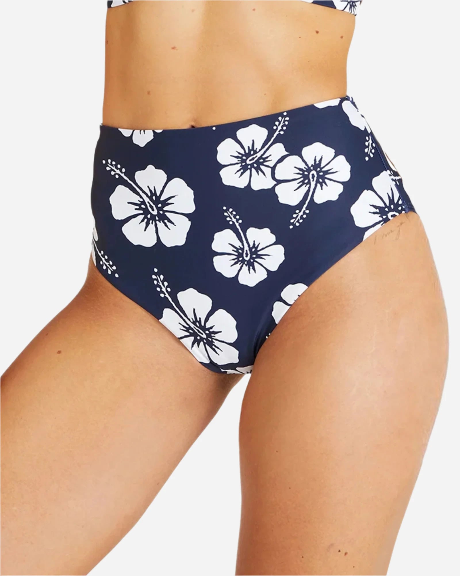 Close up front view of the Okanui high cut waist bikini bottom in hibiscus