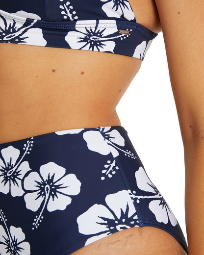 Close up view of the Okanui high cut waist bikini bottom in hibiscus