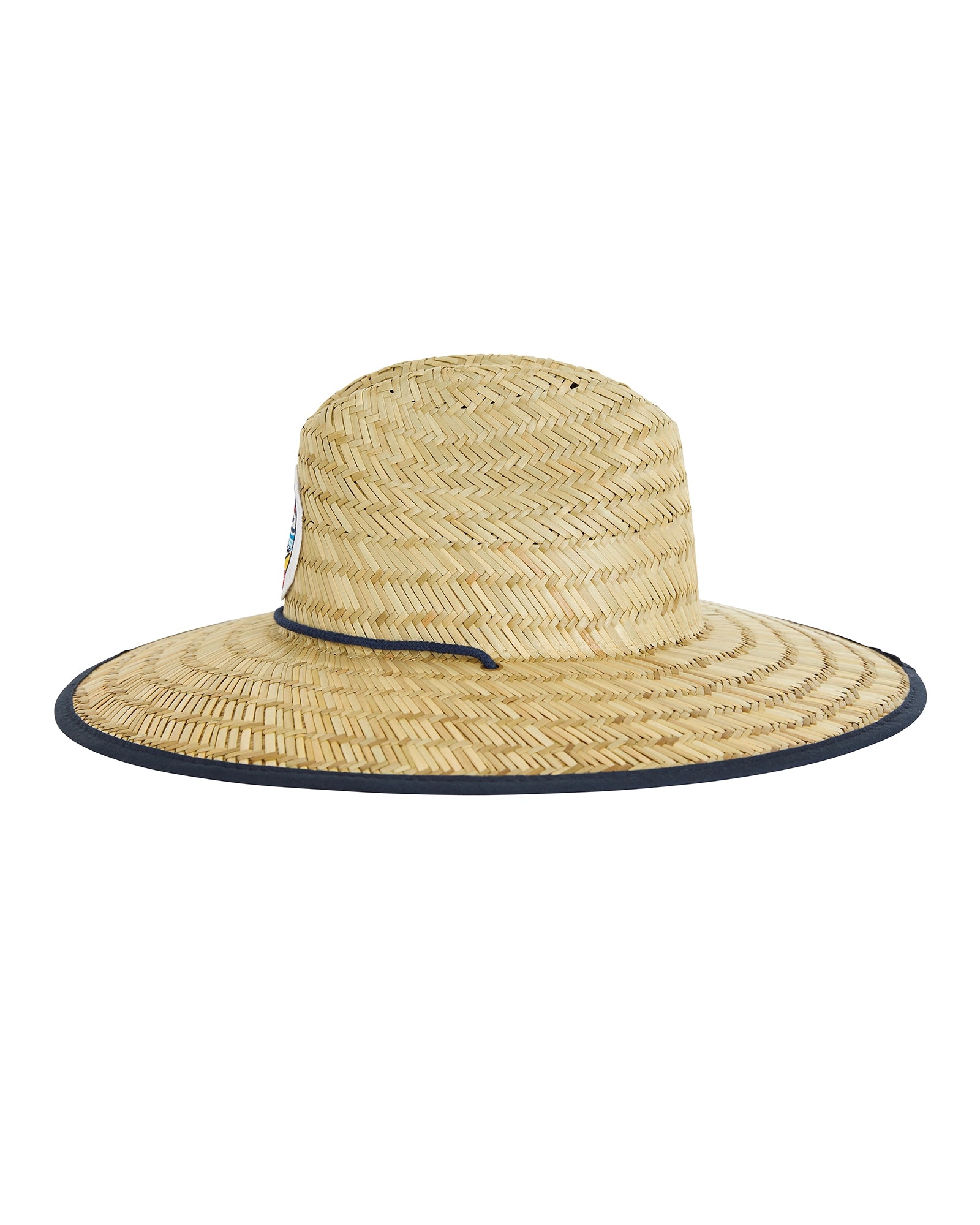 Left side view of the Okanui wide brim straw hat